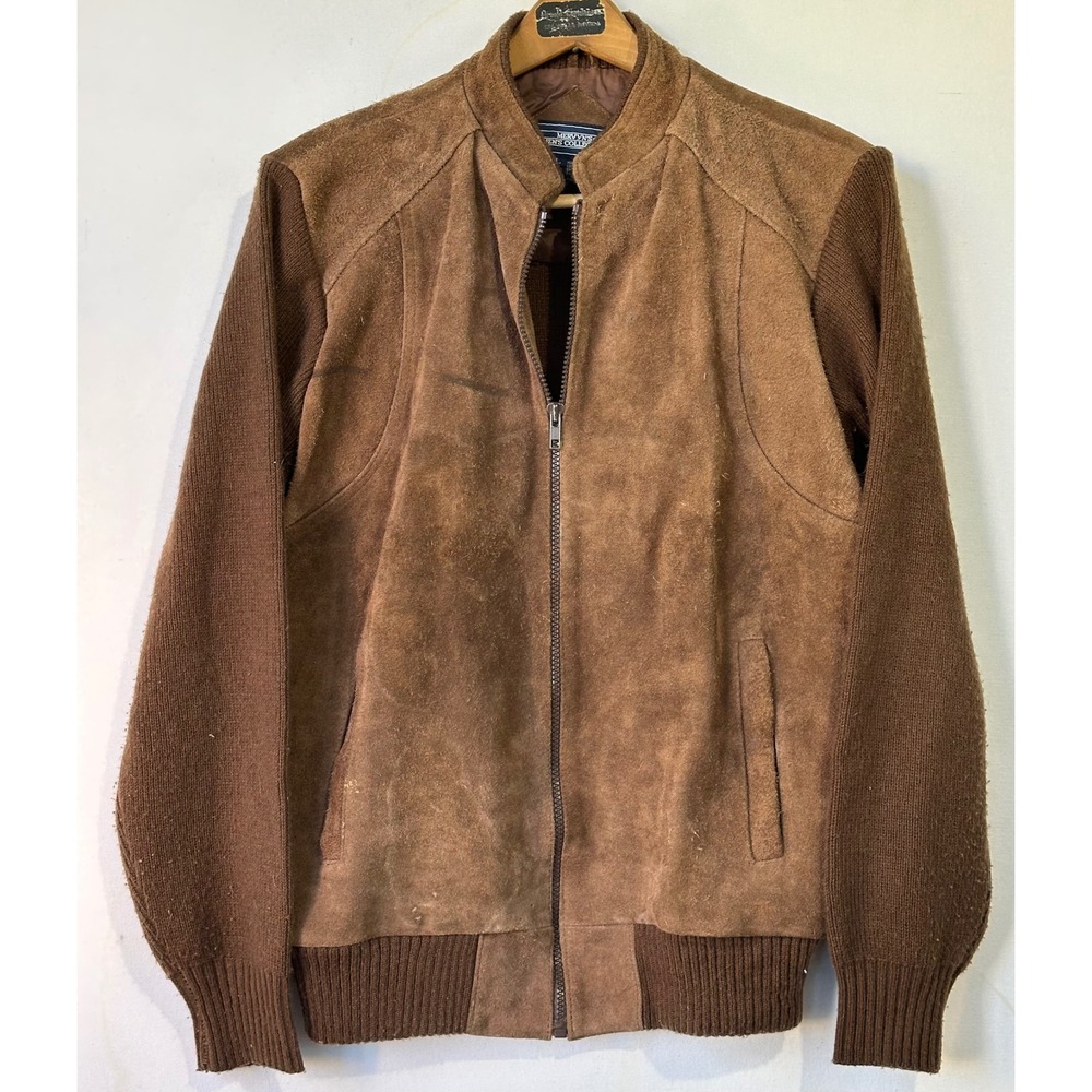 VTG Mervyns Bomber Jacket Suede Leather Sweater Knit  Mens L Brown